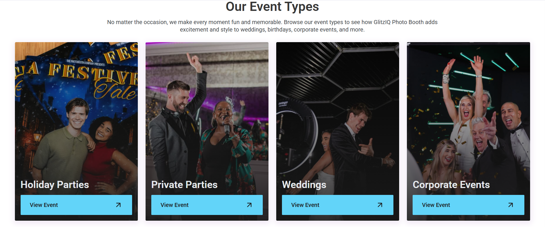 GlitzIQ Our Event Types website design